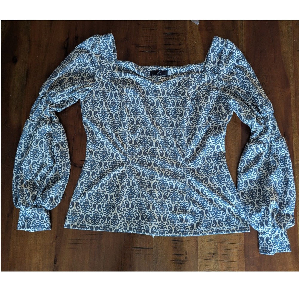 Elizabeth Lozano Blouse Blue Damask Puff Peasant Sleeve Square Neck Womens Sz L